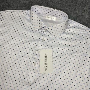 Collars & Co White Blue Geometric Shapes AOP Mens Large Relaxed Polo NWT